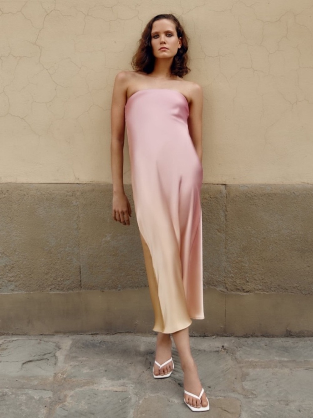 Zara Ombre Strapless Midi Dress in Pink and Cream